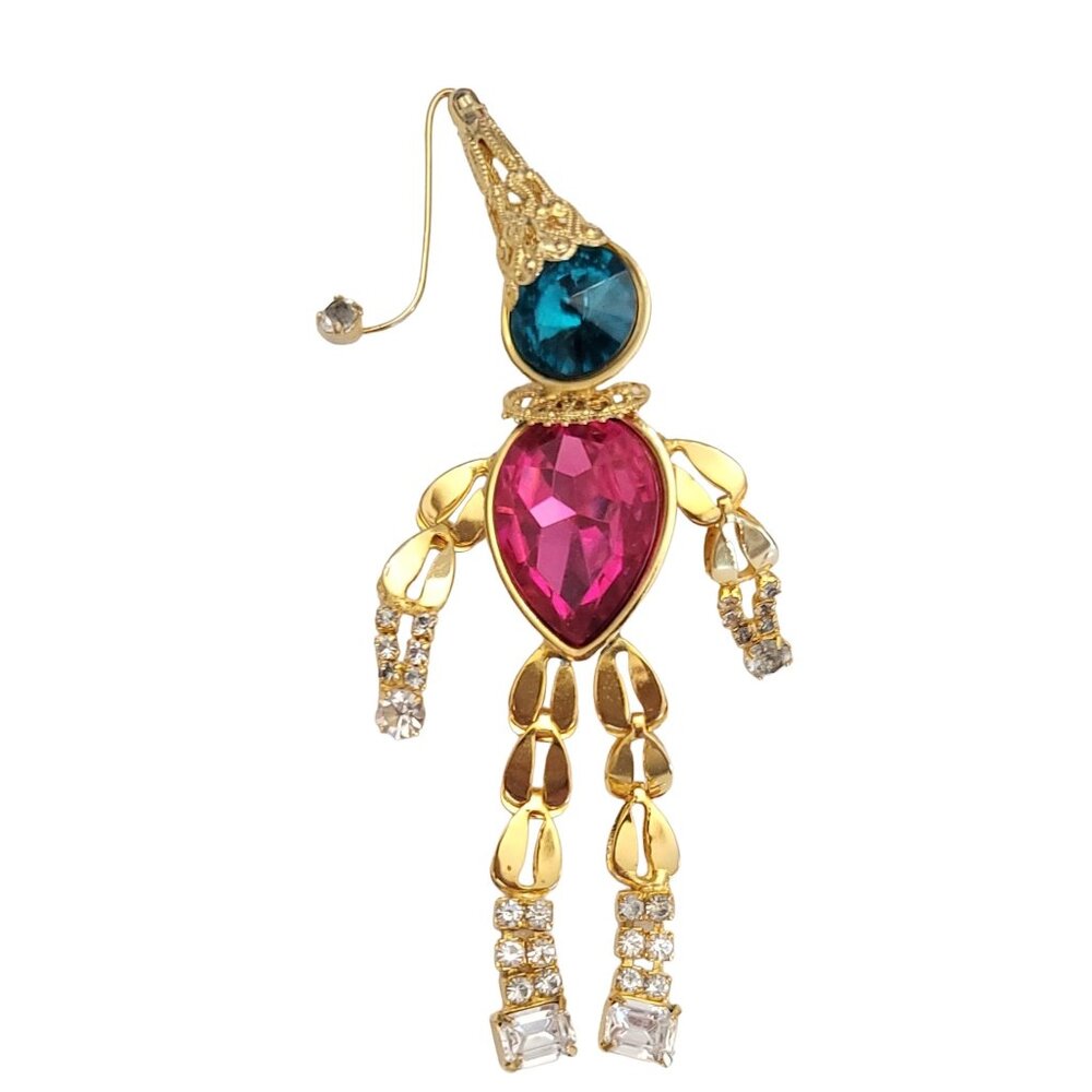 Gold Tone Rivoli Lucite Rhinestone Articulated Mardi Gras Jester Clown Pin K217